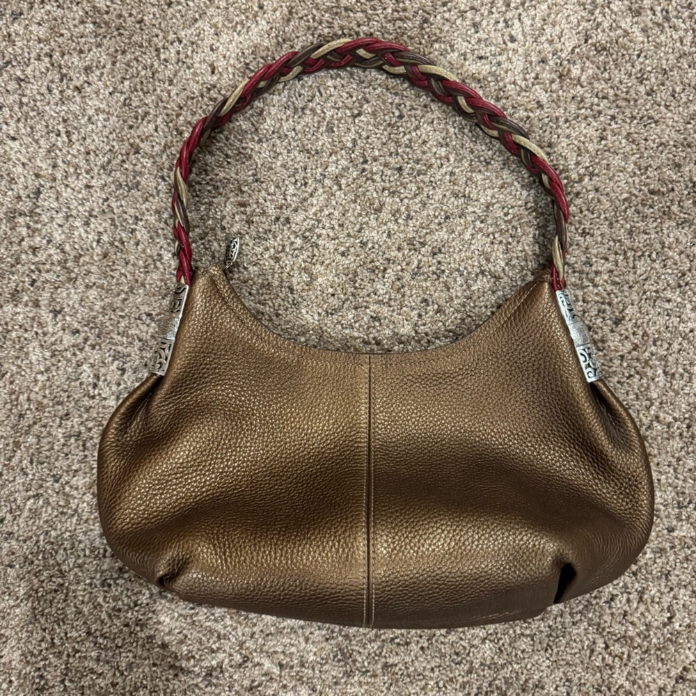 Brighton Barbados Ziptop Hobo. Bronze Pebble Leather & Multicolor Braided Strap.